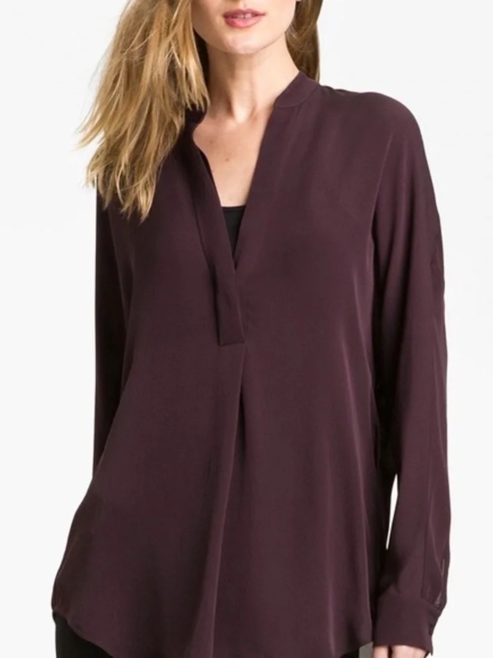 Vince Deep Plum Split-Neck Long-Sleeve Blouse
